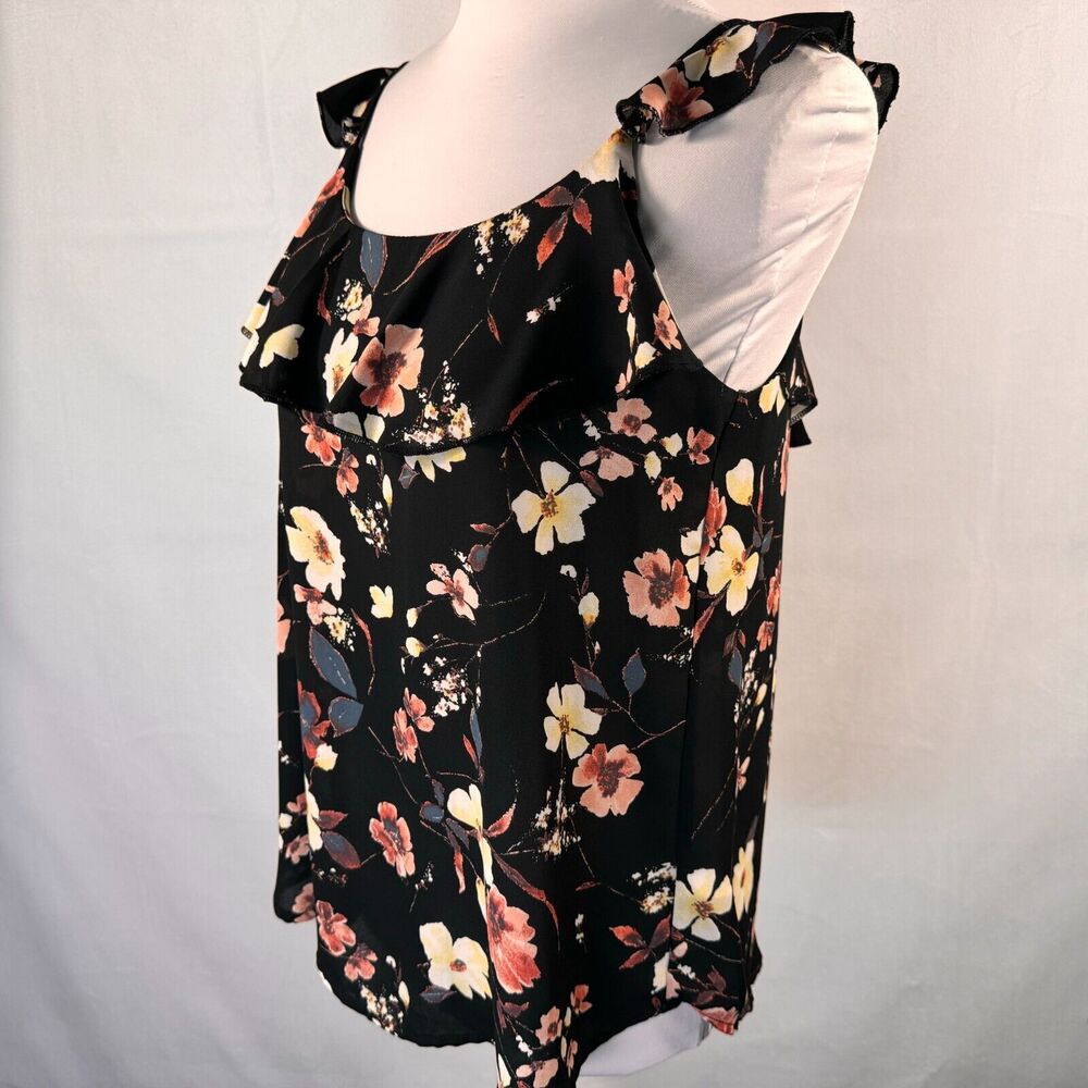 Maurices Floral Tank Sz S Black Peach Yellow Ruffled neck spaghetti straps - Picture 3 of 9